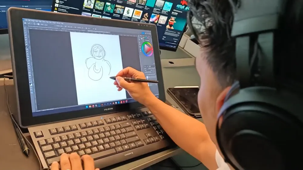Character design in progress on a drawing tablet